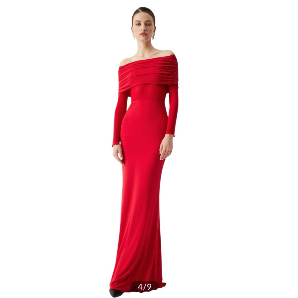 COMMENSE
Semi-Sheer Off-Shoulder Mesh Long Sleeve Long Dress COLOR - Red NWT